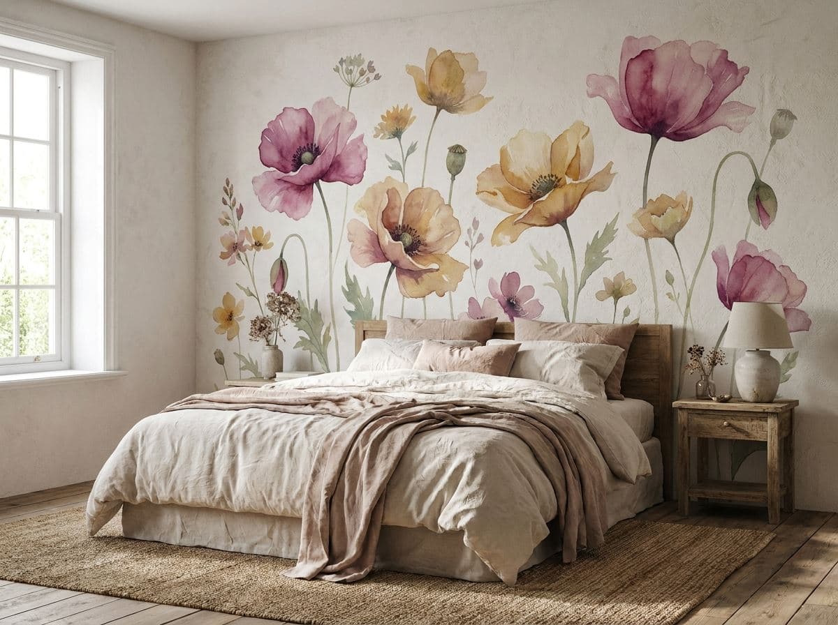 Klaprozen en veldbloemen als muurprint achter een bed