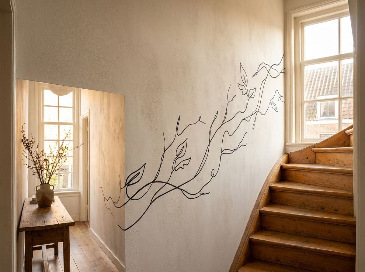 Lijnkunst-muurprint in het trappenhuis van een Amsterdams pand
