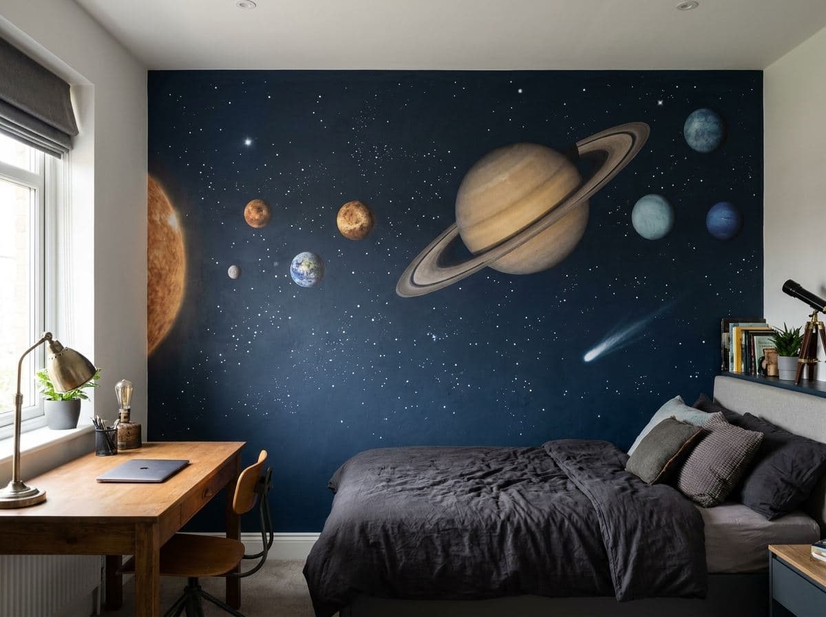 Planeten en sterren als muurprint op een donkere tienerkamerwand