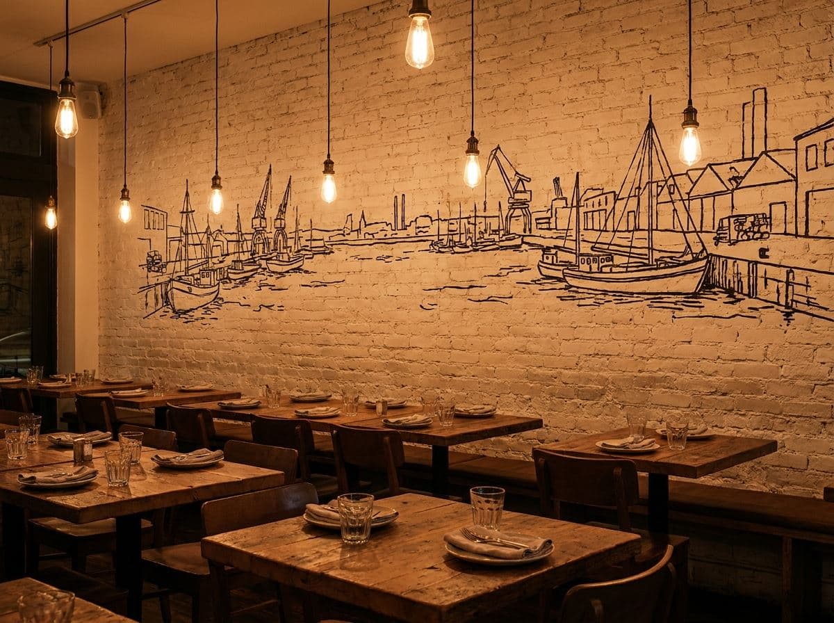 Muurprint op de bakstenen wand van een restaurant