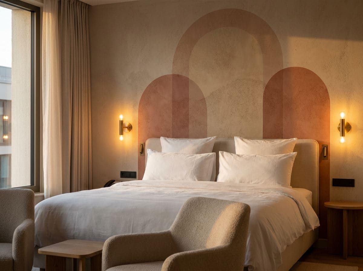 Bogen-muurprint achter het bed van een hotelkamer