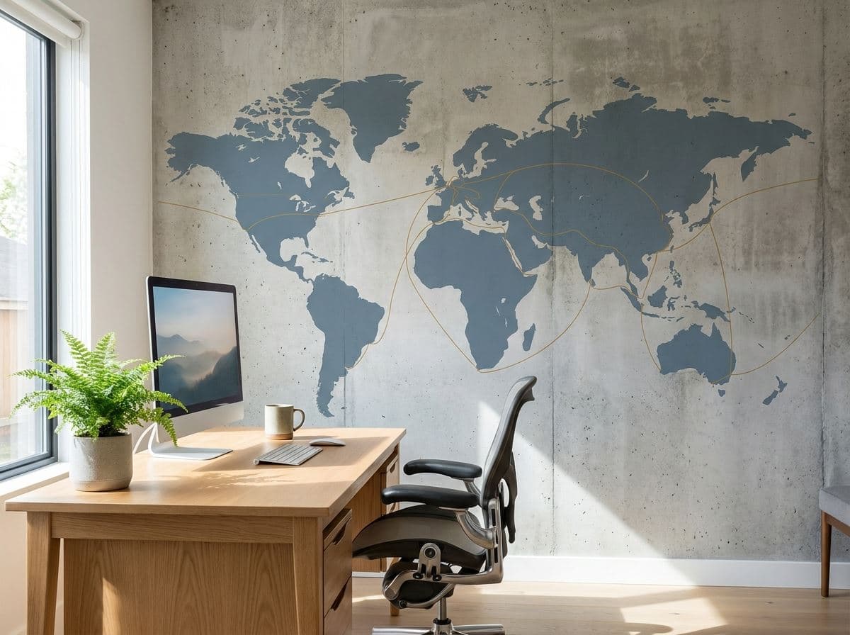 Minimalistische wereldkaart als muurprint boven een bureau in een kantoor