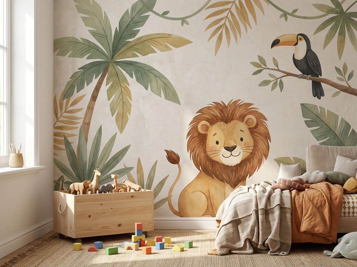 Vrolijke jungle-muurprint met leeuwtje in een kinderkamer