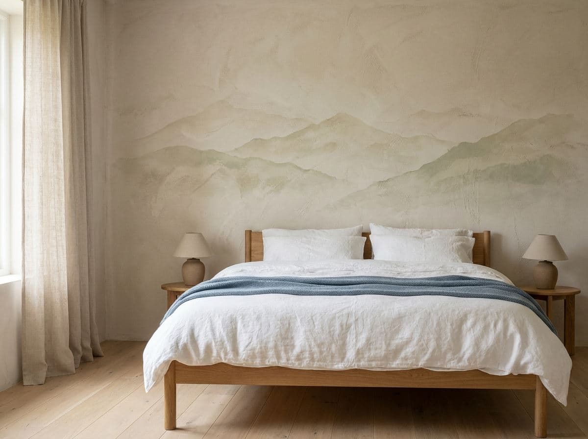 Ton-sur-ton berglandschap als muurprint achter het hoofdeinde in een slaapkamer