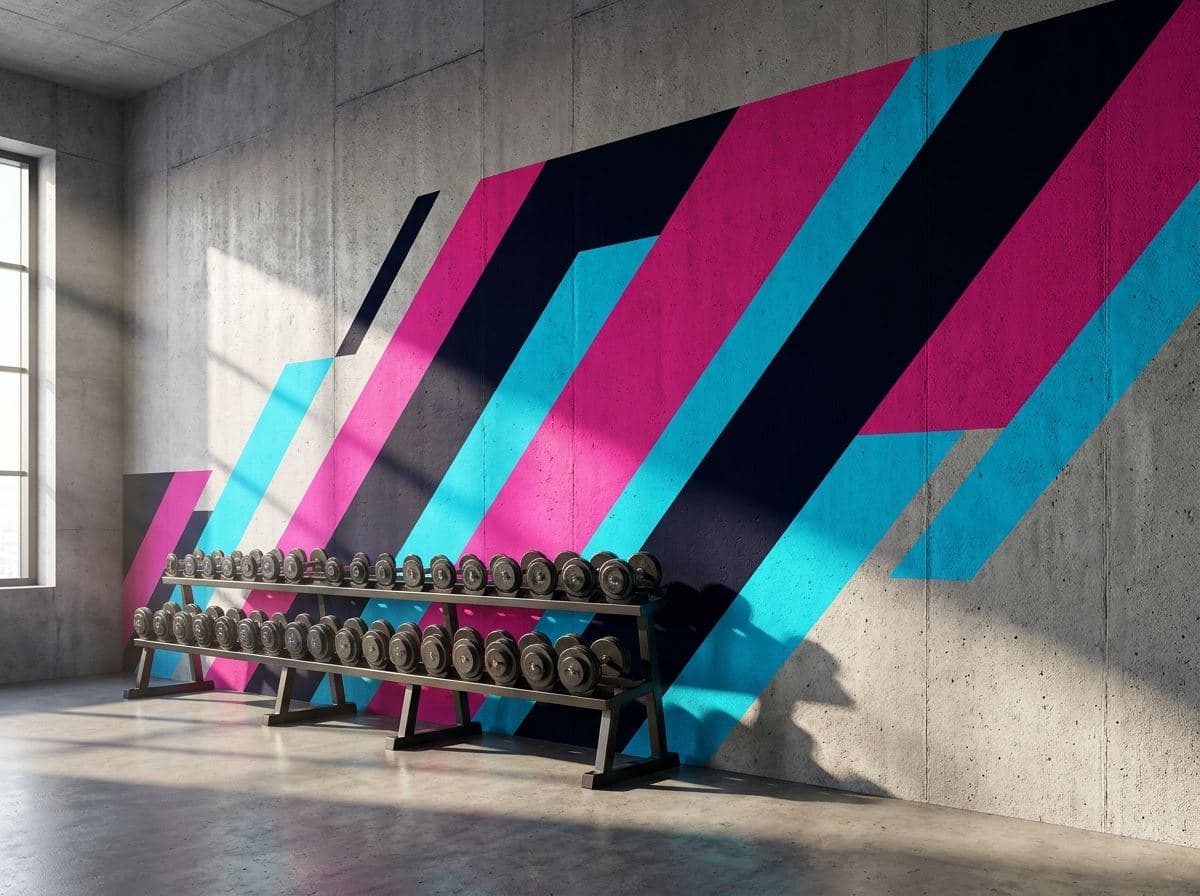 Grafische muurprint op de betonwand van een sportschool