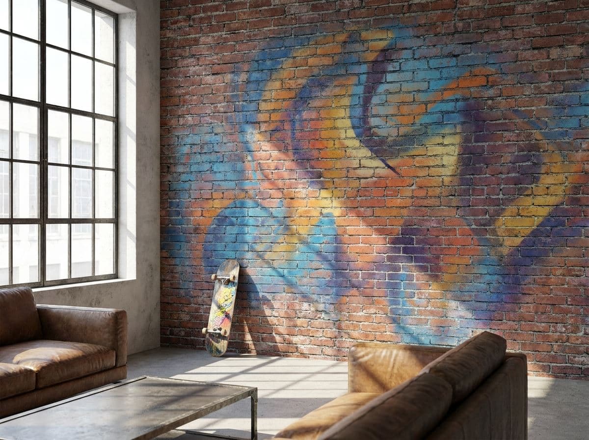 Kleurrijke muurkunst in street-art-stijl op een bakstenen binnenmuur