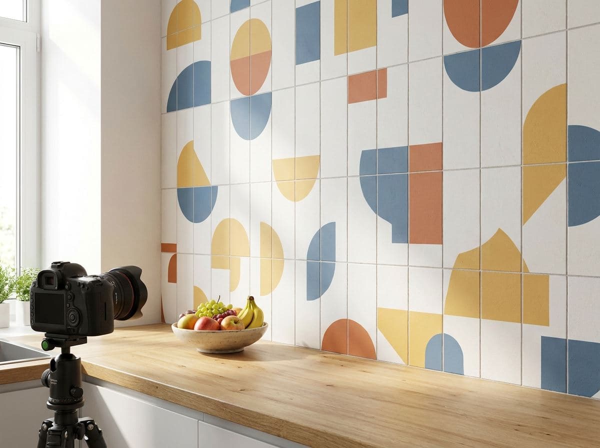 Geometrisch patroon geprint op een witte tegelwand in de keuken