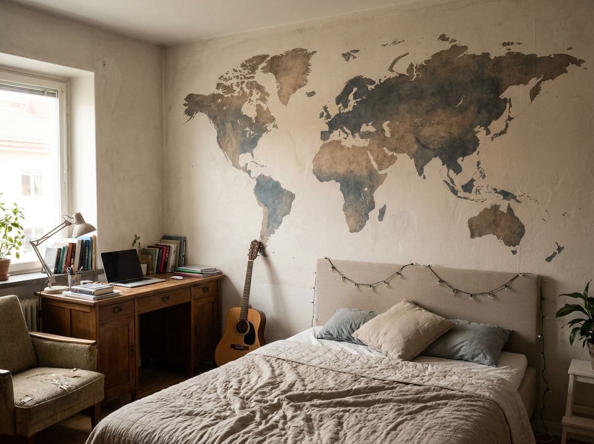 Vintage wereldkaart als muurprint boven een bed in een tienerkamer