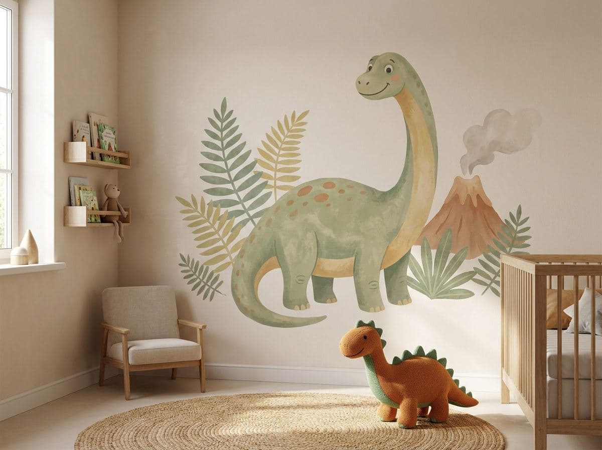 Vriendelijke dino-muurprint in een kinderkamer