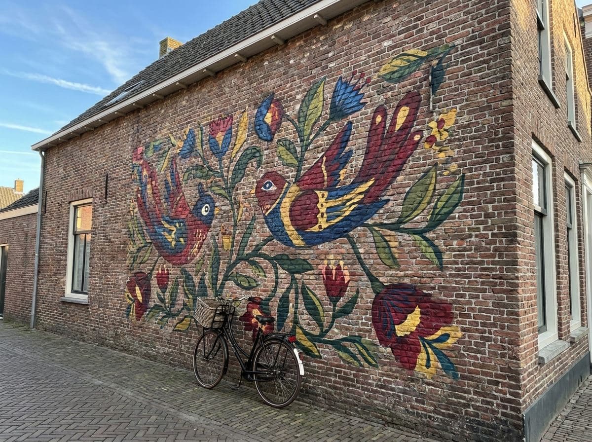 Kleurrijke muurprint op een bakstenen buitengevel