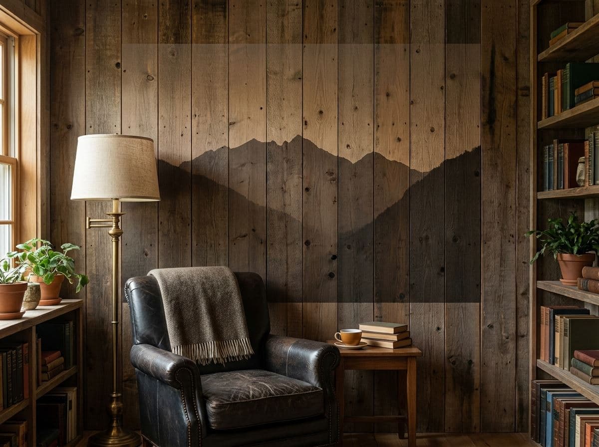 Berglandschap geprint op een houten plankenwand, nerf zichtbaar